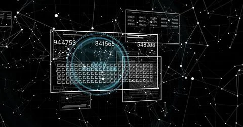 Displaying central hologram data in cyber network, showing cyan radar, UI grid Stock Illustration