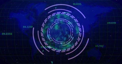 Displaying central hologram globe rotating over world map, showing concentric Stock Illustration