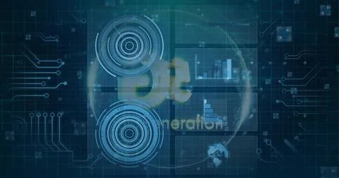 Displaying central hologram globe rotating on blue grid, showing radar HUDs, Stock Illustration