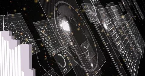 Displaying central hologram panel floating in space with circular gauge, charts, Foto stock
