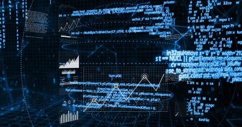 Displaying central holographic analytics dashboard in virtual cyberspace, with Illustrazione stock