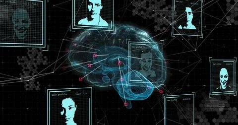Displaying central holographic brain floating over grid, linking user profiles Stock Illustration