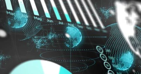 Displaying central holographic data dashboard glowing with globes, dotted rings, Stock Illustration