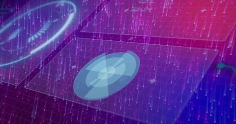 Displaying central holographic data disk floating over digital grid, with 스톡 사진