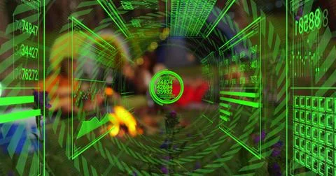 Displaying central holographic data panel in VR tunnel, with bar charts, grids Foto stock