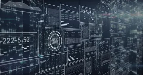 Displaying central holographic data panels in digital interface space, with Stock Illustration