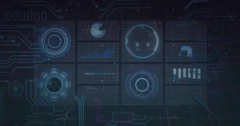 Displaying central holographic data panels overlaying grid interface, with neon Foto stock