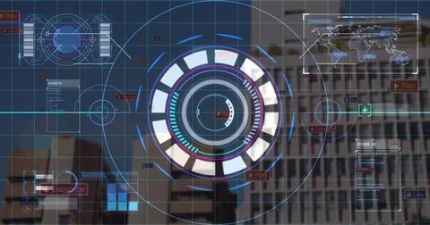 Displaying central holographic interface on facade, with grid lines, map, data Stock Photos