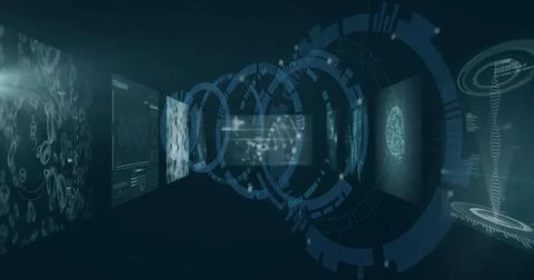 Displaying central holographic interface floating through corridor, with data Stock Illustration