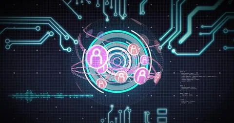 Displaying central holographic interface rotating on dark grid plane, linking Stock Illustration