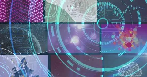 Displaying central holographic interface rotating data rings in virtual 스톡 사진