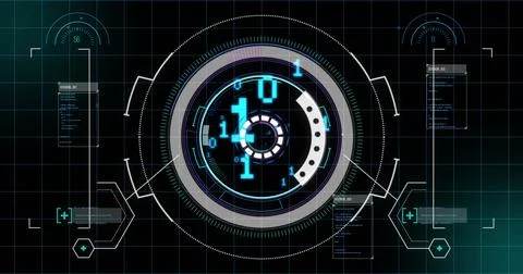 Displaying central holographic interface rotating on grid with binary overlays Stock Photos