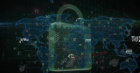 Displaying central holographic padlock guarding neon world map on digital Stock Photos