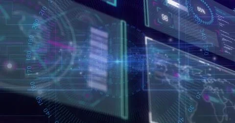 Displaying central holographic panel glowing in virtual dashboard, with circular Stock Illustration