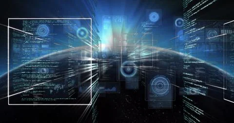 Displaying central holographic panel streaming code in cyberspace tunnel, with Illustrazione stock