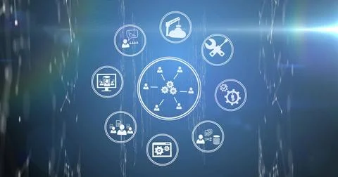 Displaying central hub icon linking user nodes on blue backdrop, with icon ring, Ilustración de archivo