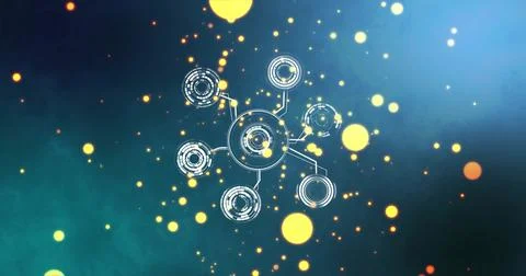 Displaying central hub linking six nodes in abstract network, with glowing 写真素材