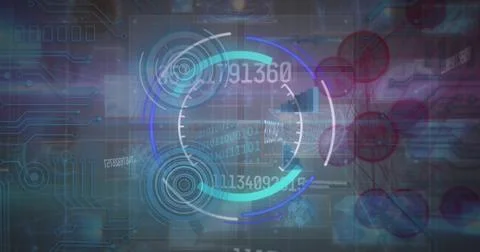 Displaying central HUD with binary code, waveform, PCB traces left and red nodes Stock Photos