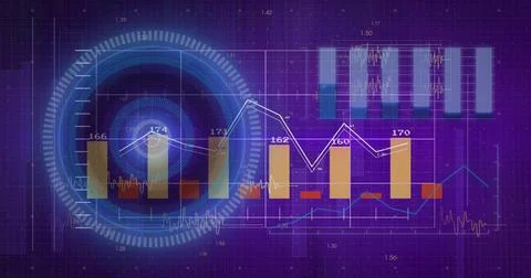 Displaying central HUD with concentric rings, yellow bars, white and blue lines Stock Illustration
