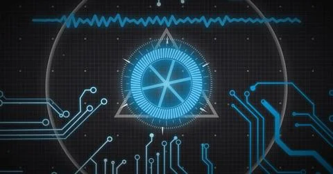 Displaying central HUD element over grid backdrop with triangle frame, waveform Illustrazione stock