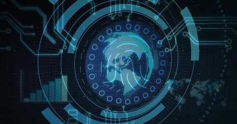 Displaying central HUD with globe, rings, binary, nodes and circuits on virtual Stock Illustration