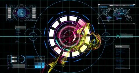 Displaying central HUD graphic floating in virtual interface with particles, map Stock Illustration