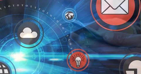 Displaying central HUD interface and icons in workspace, showing cloud, mail, Stock Photos