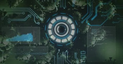 Displaying central HUD interface in digital dashboard, with virus models, Stock Photos