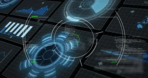 Displaying central HUD interface glowing on dark grid with data panels, line Stock Photos