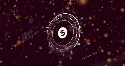 Displaying central HUD interface showing white dollar sign, rings, glowing bokeh Stock Illustration