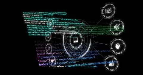 Displaying central HUD node glowing on black background, showing laptop icon and イラスト素材