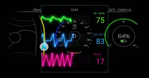 Displaying central HUD panel on black, showing tri-color waveforms, gauge, nav Stock Illustration