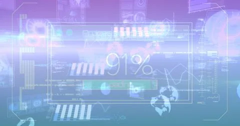 Displaying central HUD panel over virtual dashboard showing 91% loading bar and Stock Illustration