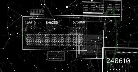 Displaying central HUD panel showing dense grid with numeric readouts in 스톡 일러스트