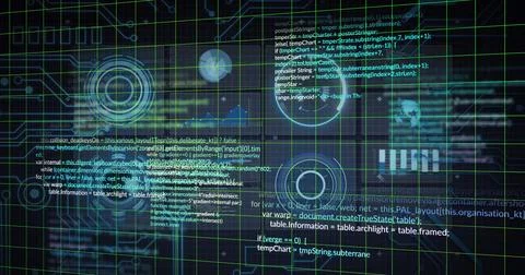 Displaying central HUD projecting layered code, charts, glowing data nodes on 스톡 사진