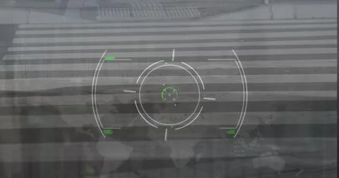 Displaying central HUD reticle hovering above urban crosswalk interface, with Stock Photos