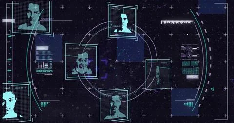 Displaying central HUD reticle projecting cyan portrait frames rings and data 스톡 일러스트