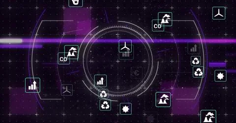 Displaying central HUD reticle rotating on dark purple dashboard, with floating Stock Illustration