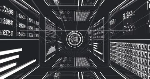 Displaying central HUD ring anchoring data corridor, showing panels, grids, イラスト素材