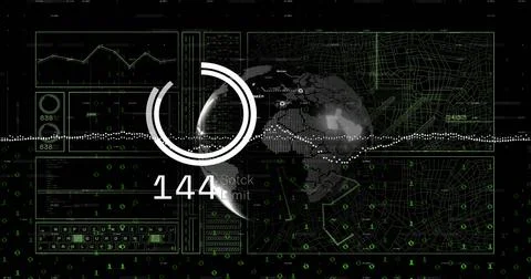 Displaying central HUD ring with dotted globe showing 144 and timeline on 스톡 일러스트