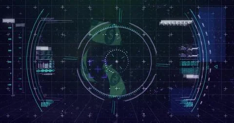 Displaying central HUD rotating above dark gridded plane, with dollar-sign Stock Illustration