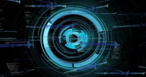 Displaying central HUD rotating and pulsing on dark display, with cyan rings, Illustrazione stock