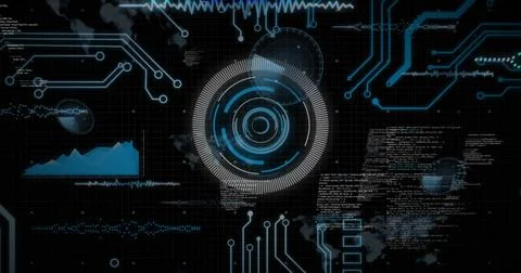Displaying central HUD rotating rings on digital dashboard, with circuit traces Stockfoto's