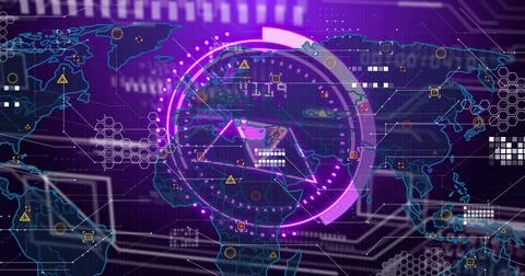 Displaying central HUD scanning world map at control dashboard, showing hex Illustrazione stock