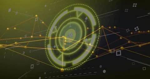Displaying central HUD showing 28 readout, pulsing rings in data-space, golden Stock Illustration