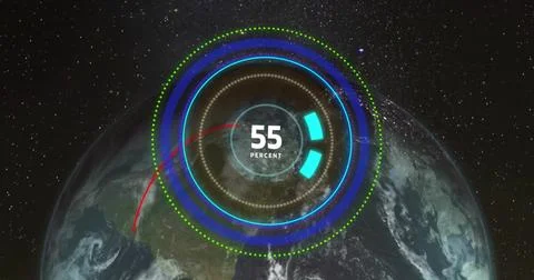 Displaying central HUD showing 55 PERCENT progress over Earth horizon with cyan Illustrazione stock