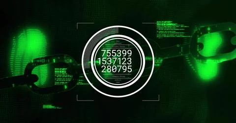 Displaying central HUD showing three numeric readouts in cyber interface, with Stock-Fotos
