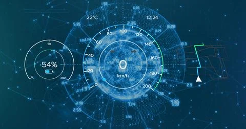 Displaying central HUD speedometer over glowing wireframe globe in dashboard, Illustrazione stock