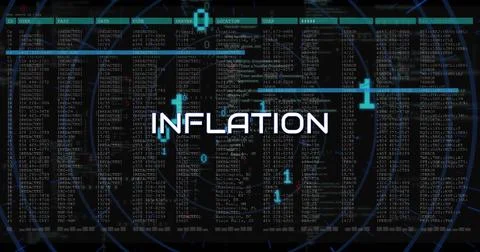 Displaying central INFLATION label glowing on dashboard with columns, REDACTED Illustrazione stock