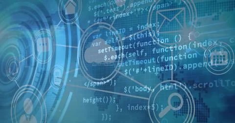 Displaying central interface merging code fragments with circular UI icons over Stock Illustration